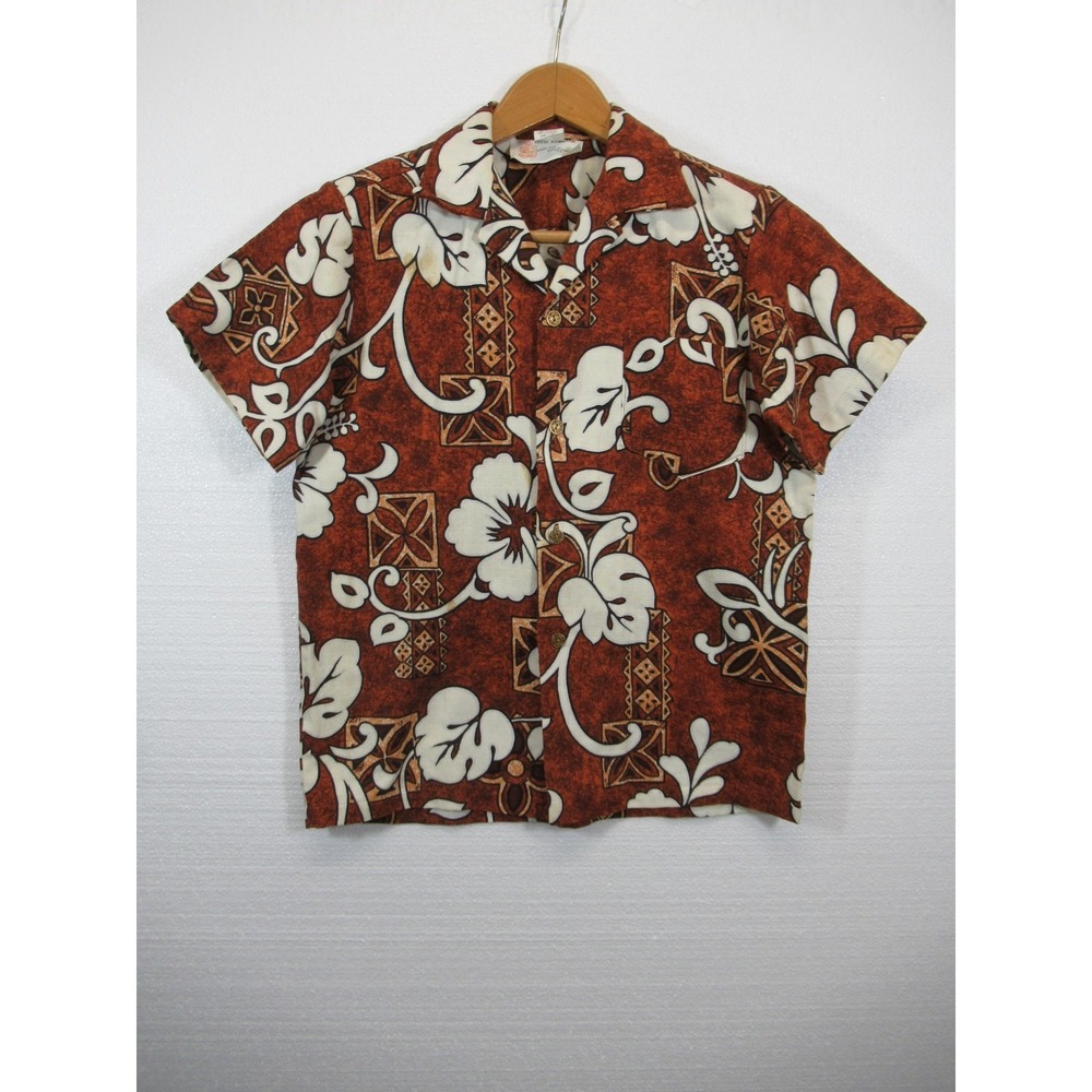 Vintage 60s Royal Hawaiian Barkcloth Shirt Brown Aloha Hibiscus Floral
